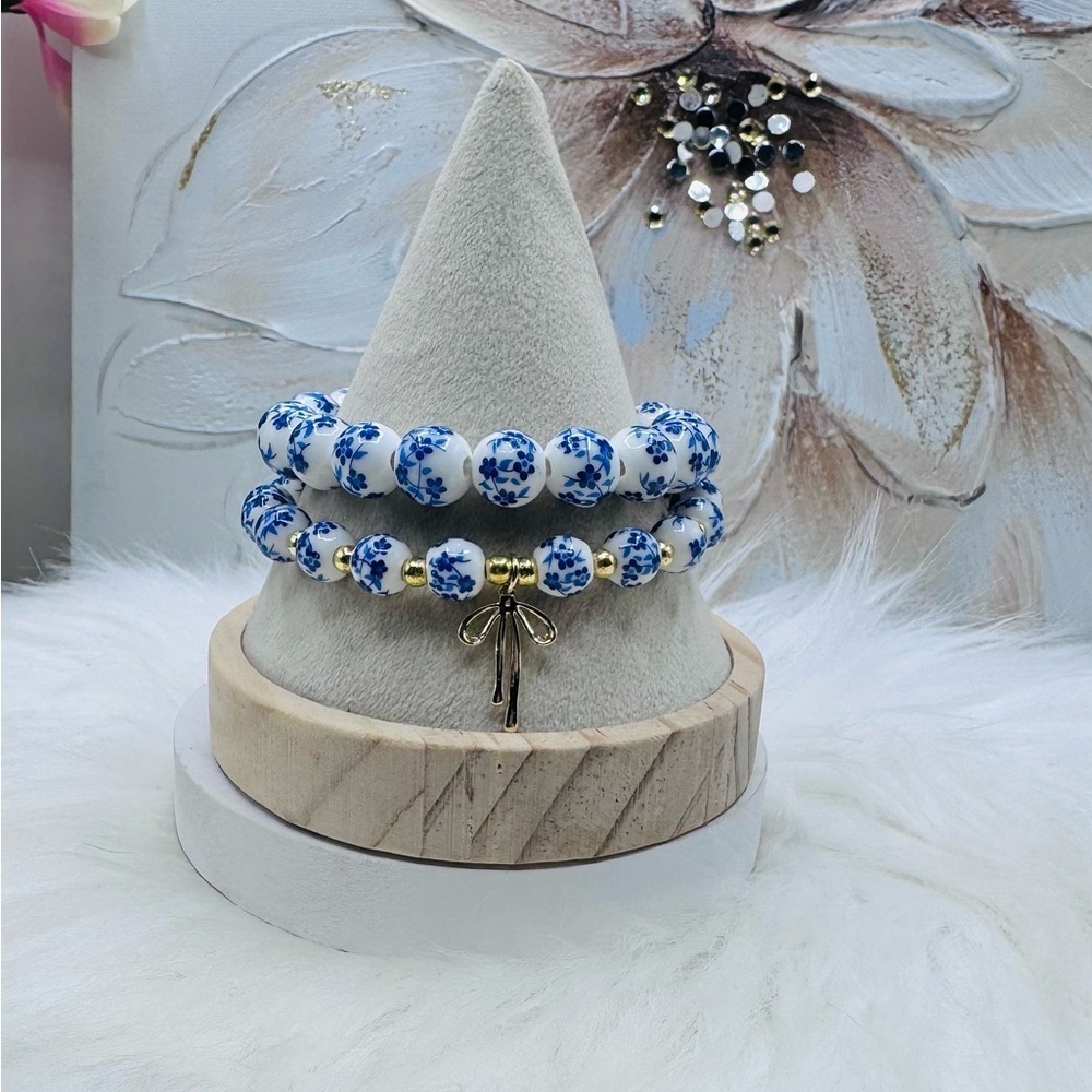 Blue and White Ceramic Beaded Bracelet Set with free gift